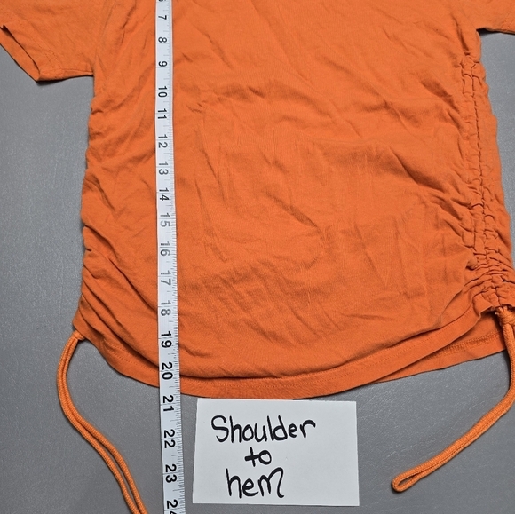 on fire orange ruched short sleeve tshirt women's size small - Picture 6 of 7